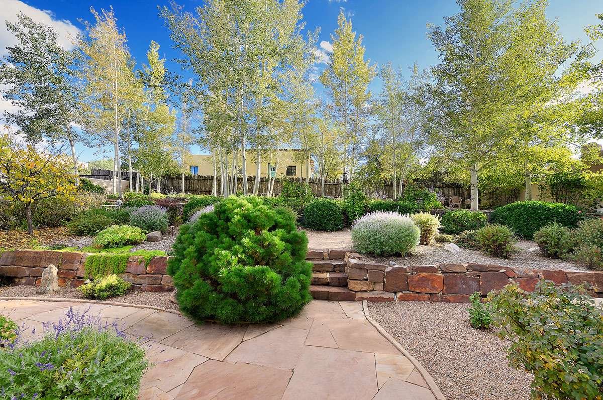 Drawing inspiration from Santa Fe, the landscape renovation pairs nature and design, featuring distinct plant species like Pinus, Santolina, birch trees, and Snake bark maples for a striking visual contrast. The garden's rugged charm is accentuated by ledge stones and a tiered patio,creating an inviting space for relaxation.