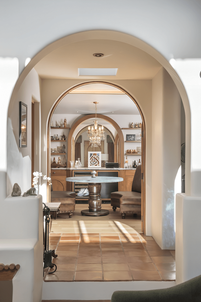 A view through an elegant arched doorway leading to a stylish bar area. The space features a round table surrounded by plush seating and a sparkling chandelier. Arched alcoves display decorative items, and warm tile flooring enhances the inviting atmosphere. Natural light streams in, illuminating the room.